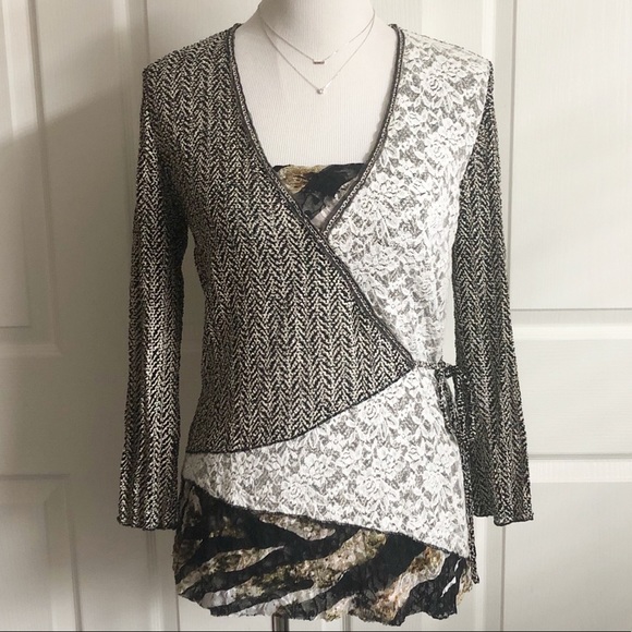 Alberto Makali Tops - Alberto Makali Lace & Textured Faux Wrap Top